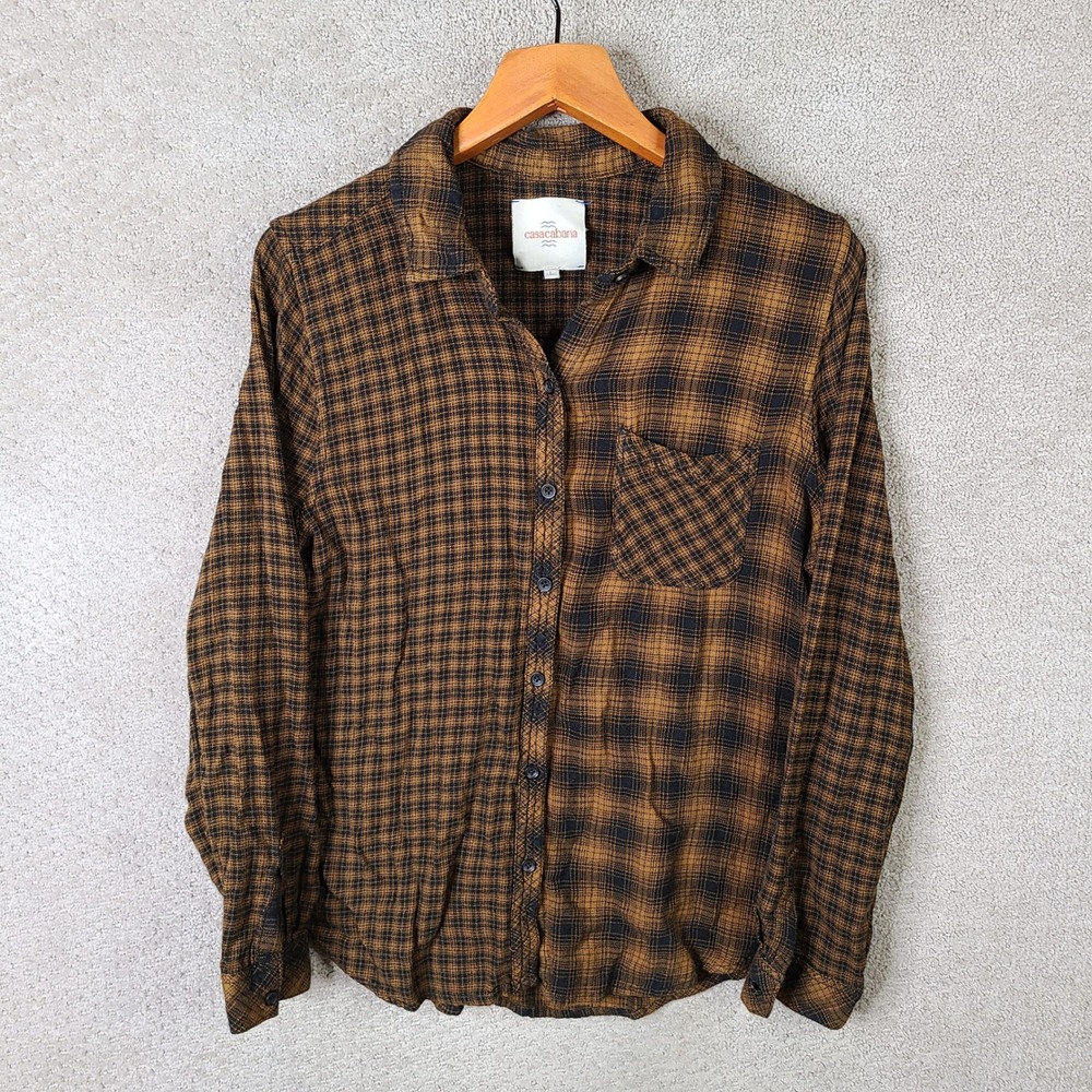 Casacabana Shirt Womens Large Brown Plaid Button Down Rayon Long Sleeve‎ Casual